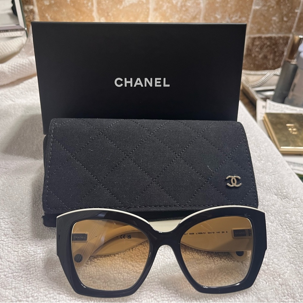CHANEL Black and Cream Sunglasses